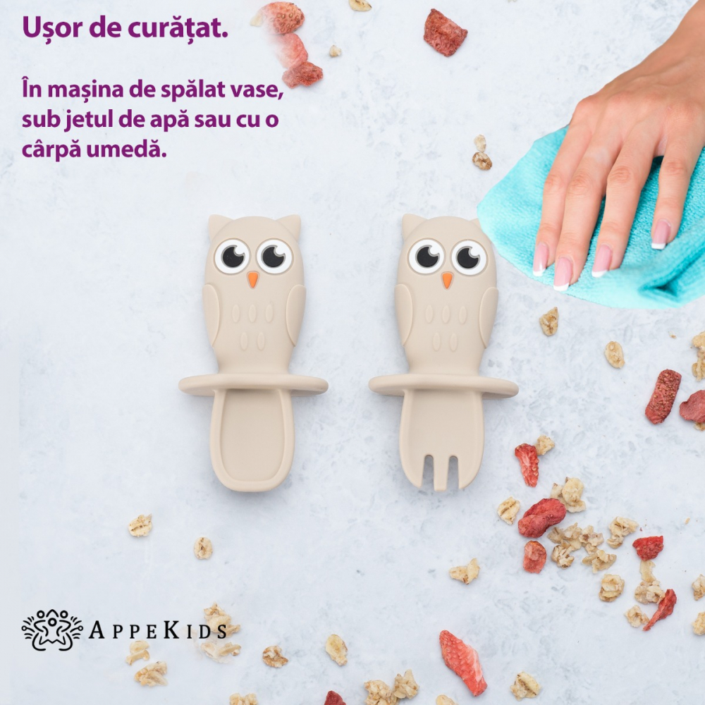 Set Tacămuri Silicon AppeKids OWL Bubble Beige - imagine 3