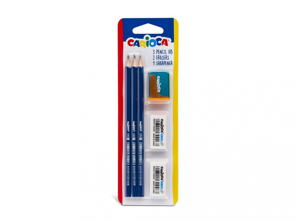 Set Carioca 3 creioane HB + ascutitoare, 2 gume