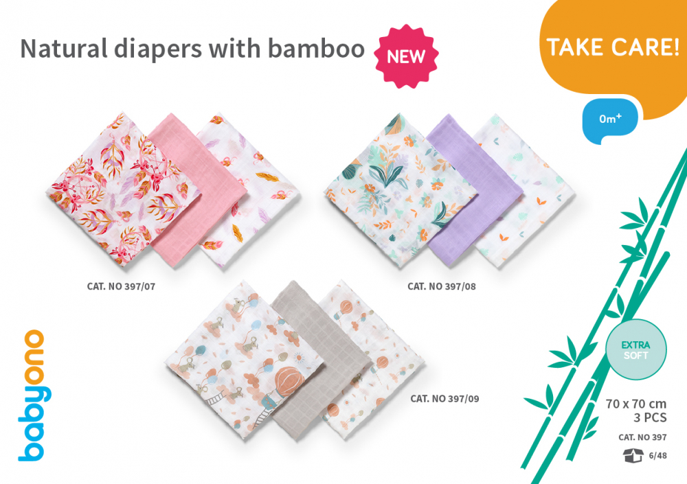 Set 3 scutece Baby Ono Bamboo, bumbac și bambus, roz