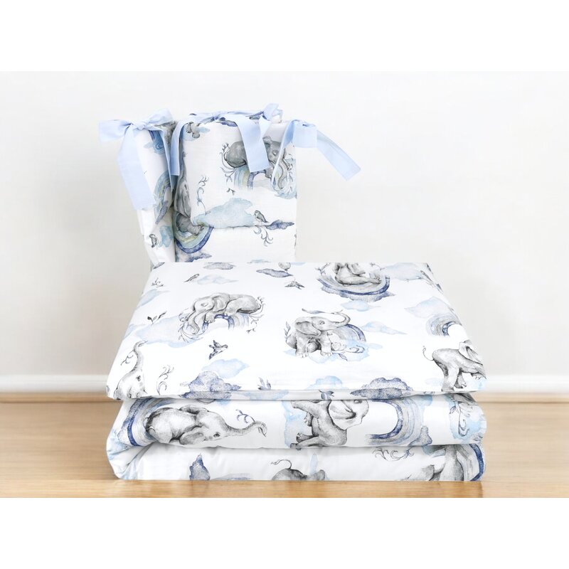 Lenjerie pat Qmini Elephants 120x60 cm cu protecție