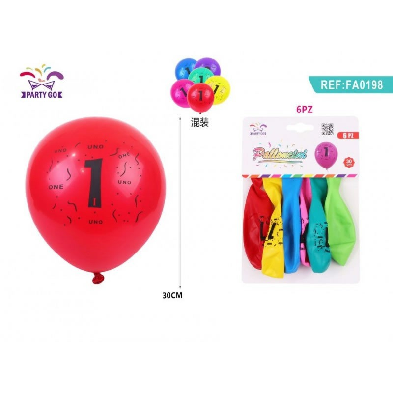 Set 6 Baloane Cifra 1 PartyGo, 30cm, Colorate