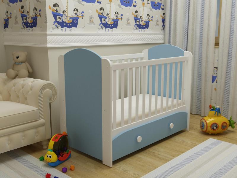 Pătuț Miki Alb-Albastru cu Sertar Mykids