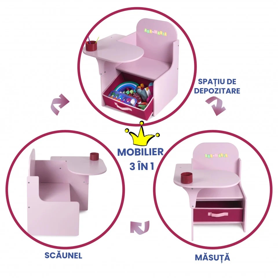 Set Masuta Scaun 3in1 Suporto - Roz Copii 3-6 Ani - imagine 6