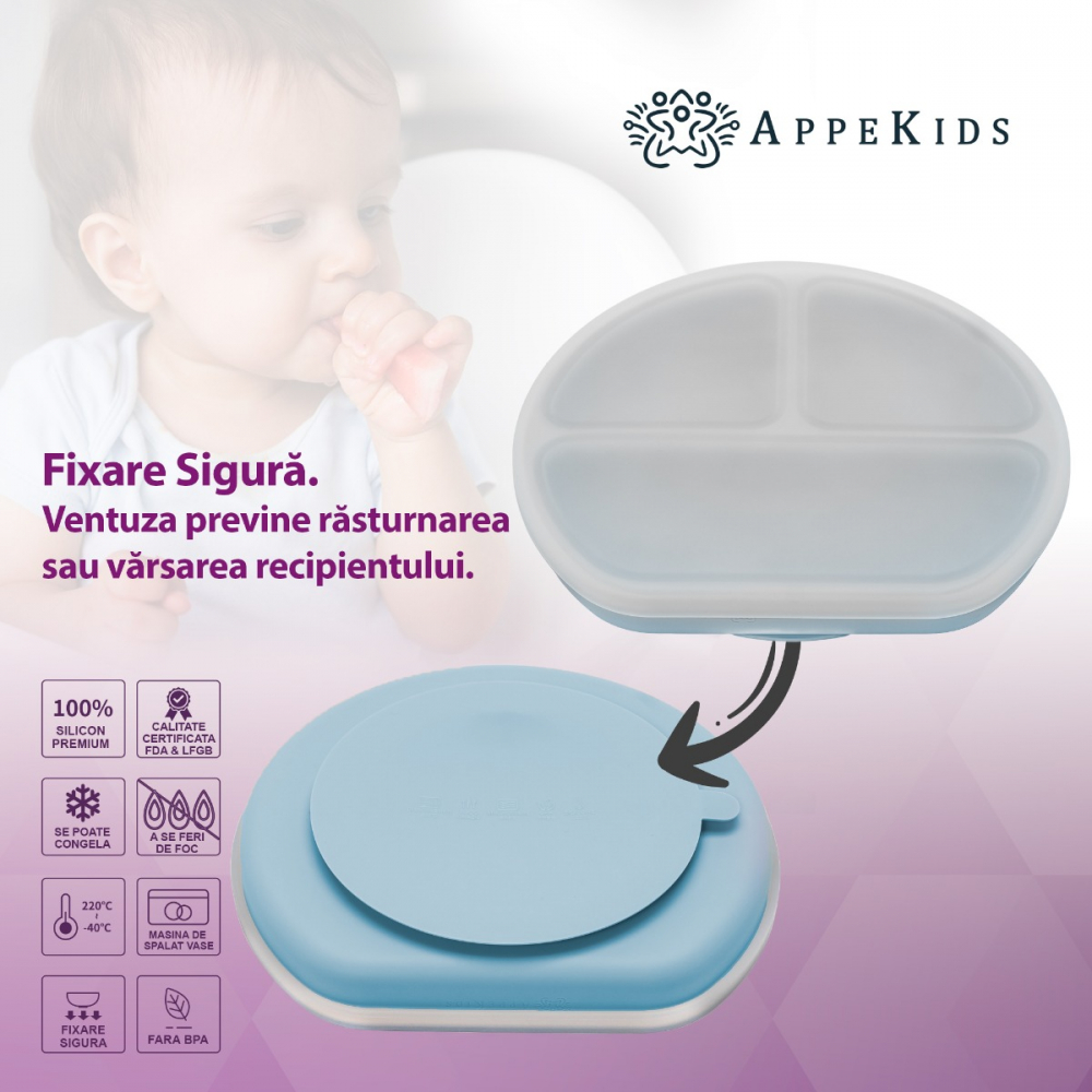 Farfurie Silicon AppeKids Aqua Blue cu Ventuză - imagine 2