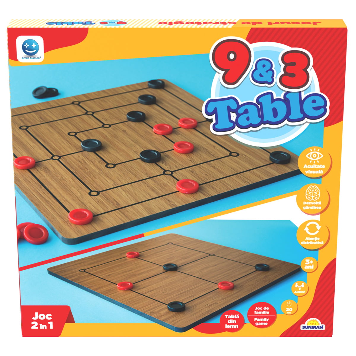 Joc 9 și 3 Table Smile Games - Lemn, Dublă Față