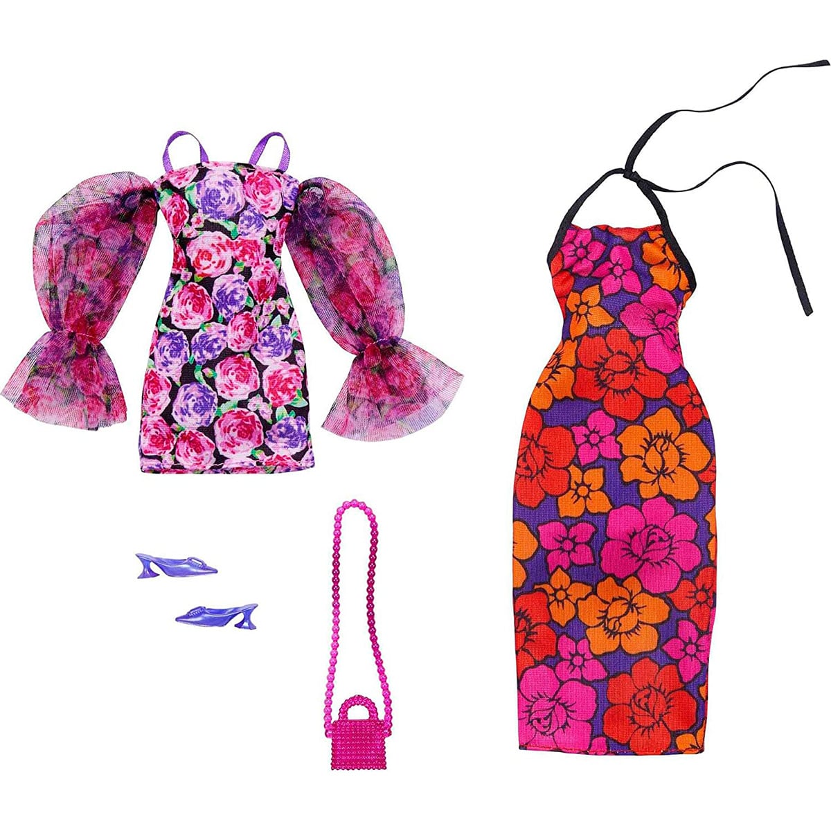 Set Haine și Accesorii Barbie, 2 Rochite și Gentuță