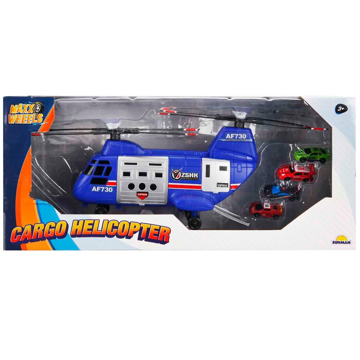 Elicopter Marfa Maxx Wheels cu 4 Masinute, Albastru
