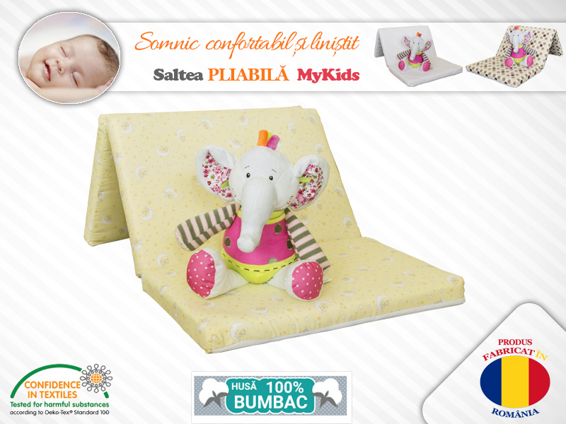 Saltea Pliabilă Mykids Galbenă, Spumă Poliuretanică - imagine 3