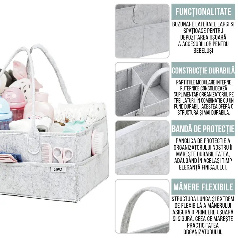Organizator Scutece Sipo, 8 Buzunare, Gri - imagine 3