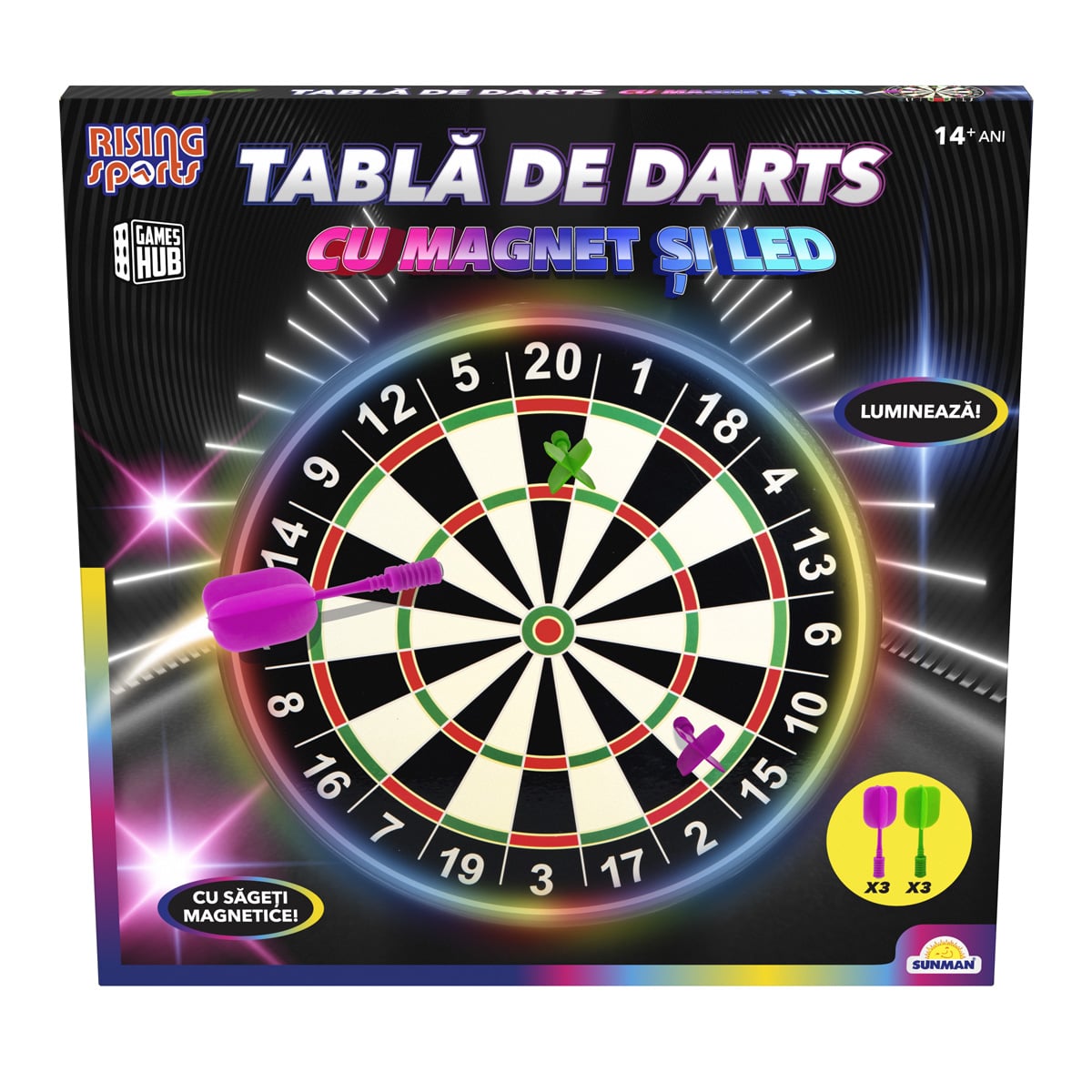 Tabla Darts Magnetica LED, 41 cm, Rising Sports