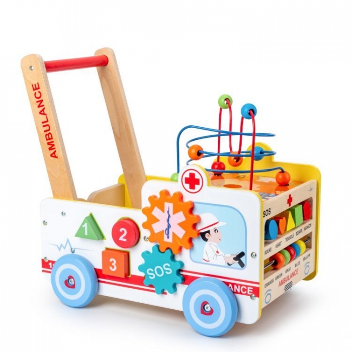 Antemergător 2 în 1 Ecotoys Ambulanță din Lemn - imagine 3