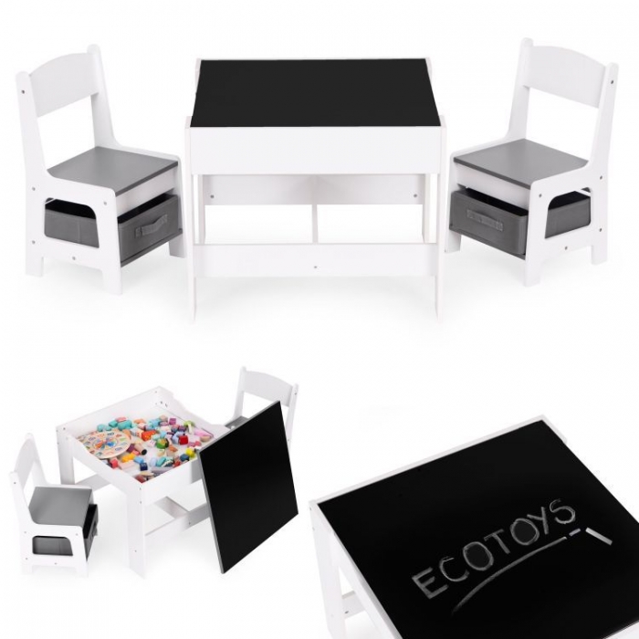 Ecotoys Masă cu 2 scaune copii alb-gri cu depozitare