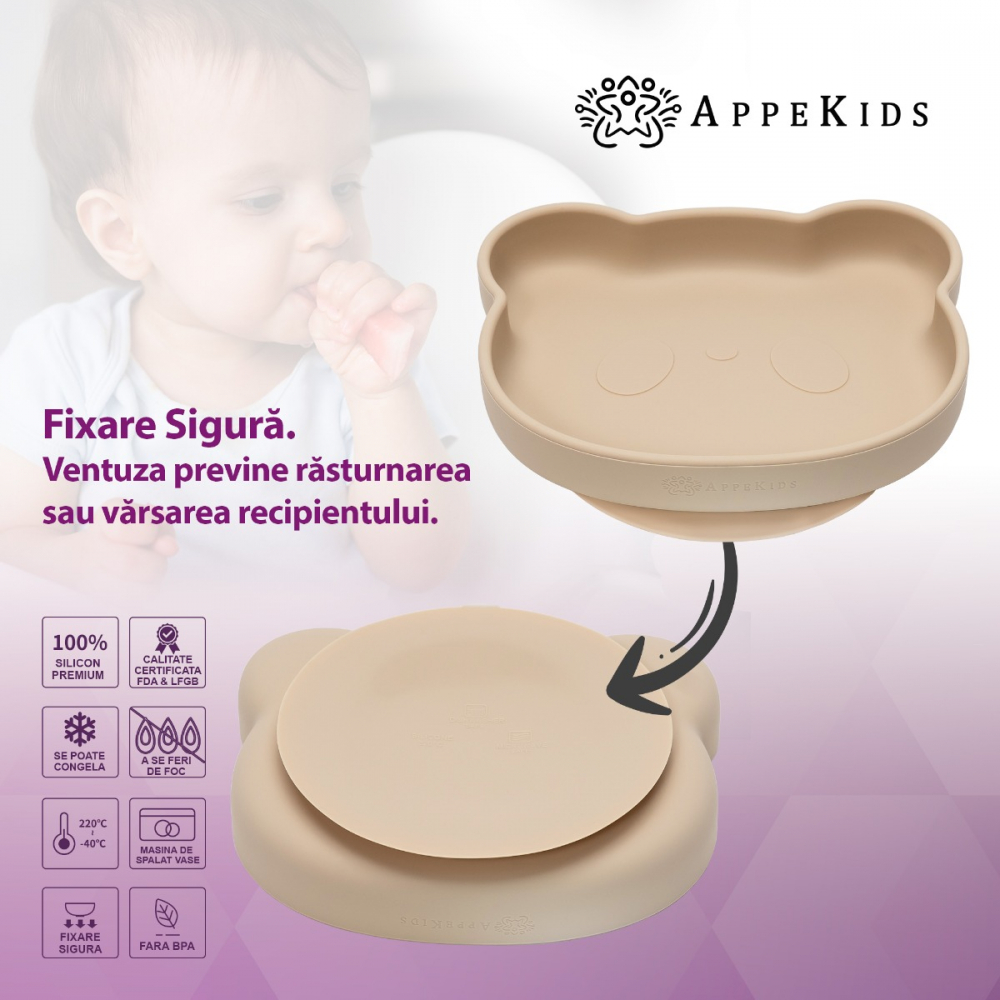 Farfurie Silicon cu Ventuza AppeKids Beige - imagine 2