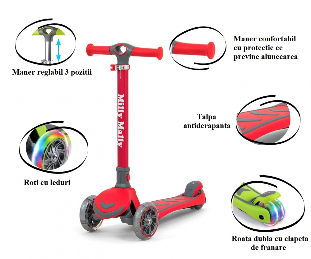 Trotineta Milly Mally Boogie Red 3 roti cu LED