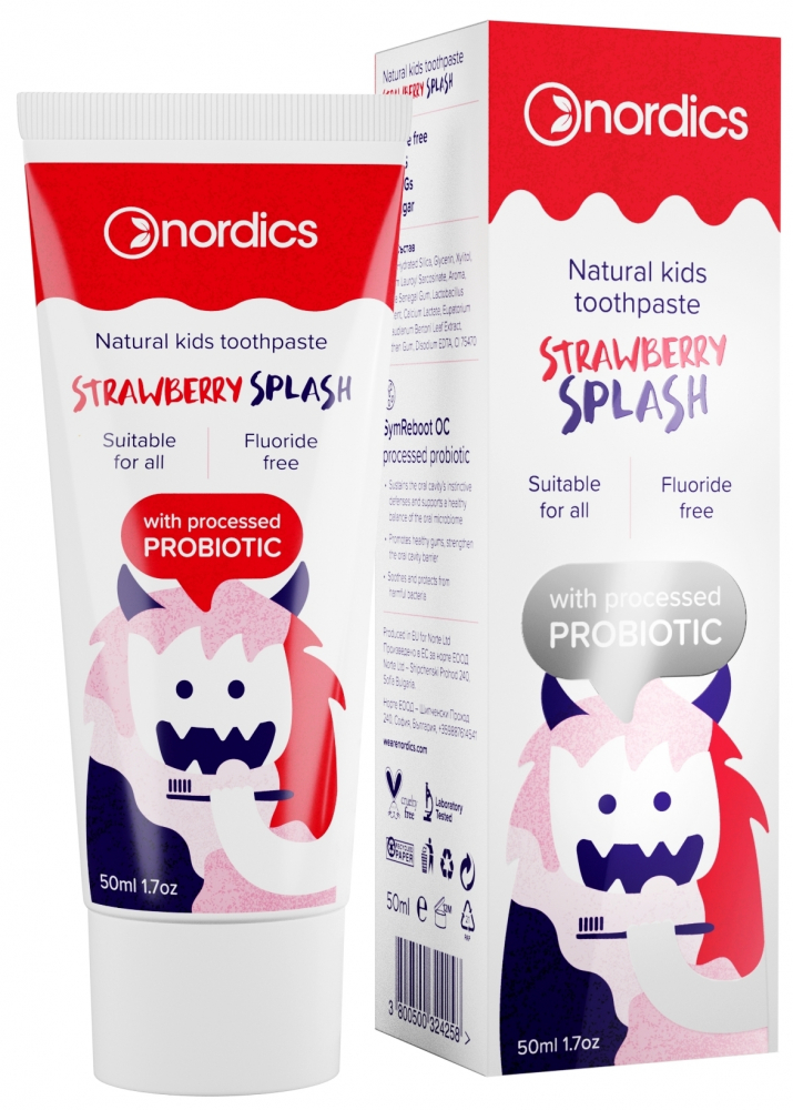 Pastă de dinți naturală Nordics, cu căpșuni și probiotice, 50 ml
