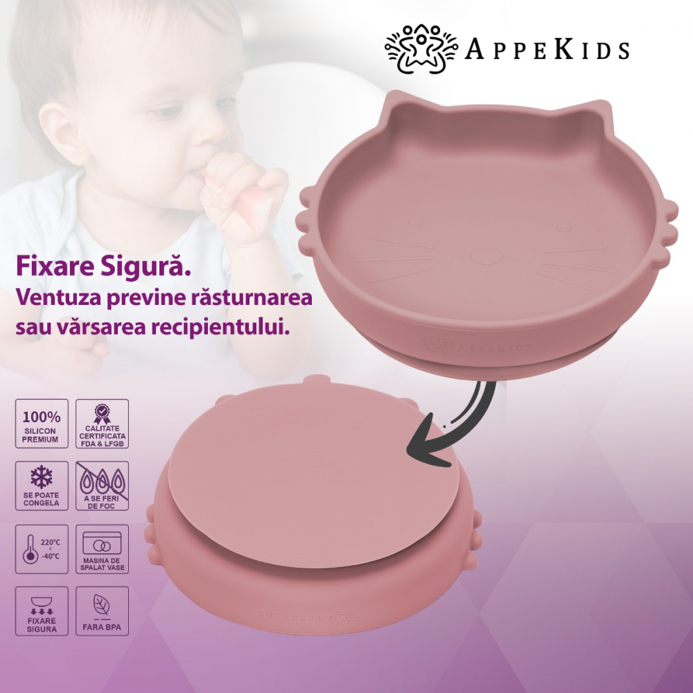 Bol Silicon AppeKids Kitty II Old Rose, Antiderapant - imagine 3