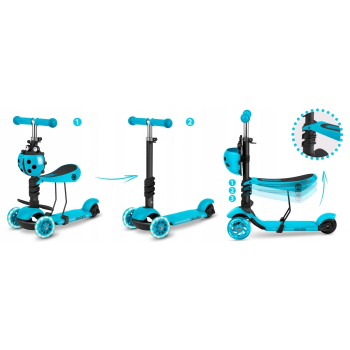 Trotineta 3 in 1 Ricokids Buggy Albastru cu Scaunel și LED - imagine 2