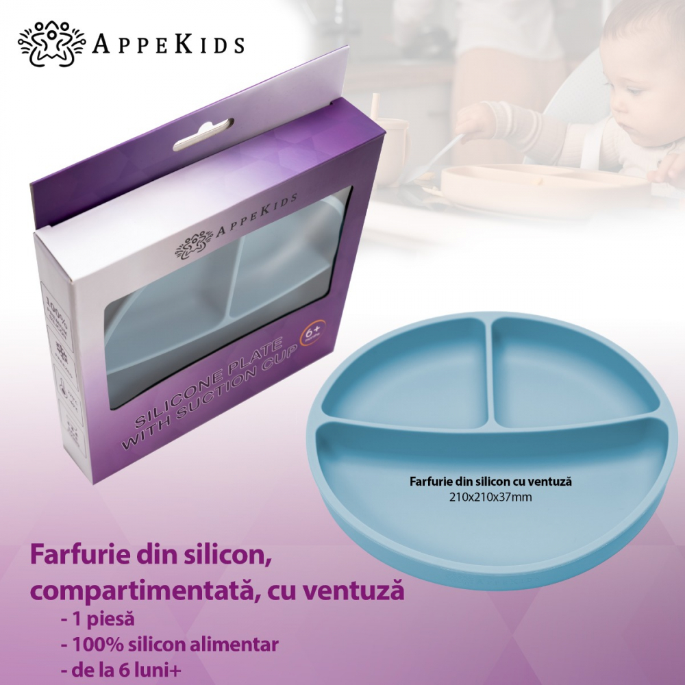 Farfurie Silicon cu Ventuza AppeKids Aqua Blue - imagine 2