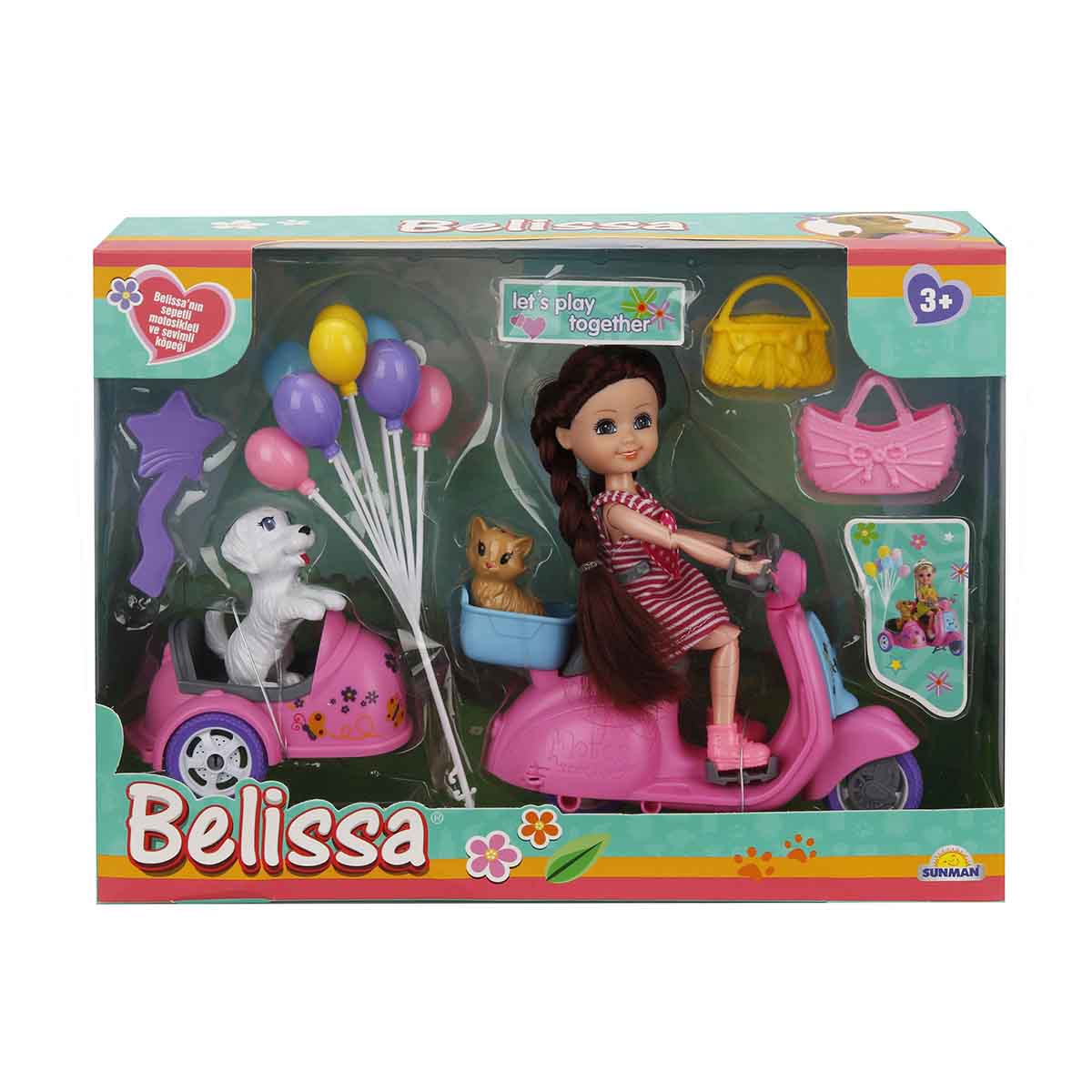 Set Păpușă Belissa pe Scuter Roz cu Animăluțe