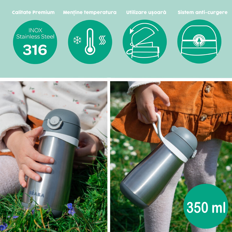 Termos Beaba 350 ml Mineral Grey, Inox - imagine 3
