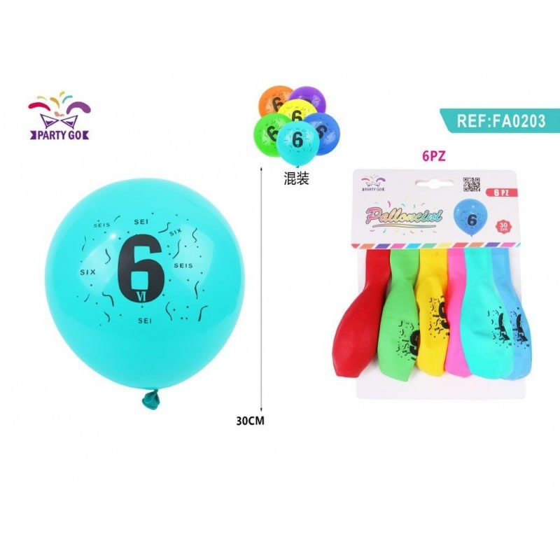 Set 6 Baloane PartyGo Cifra 6, 30cm, Multicolor
