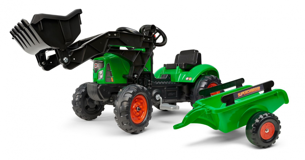 Tractor Falk cu cupă și remorcă verde