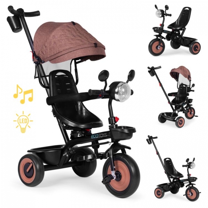 Tricicleta Ecotoys 3-in-1, scaun 360°, bej
