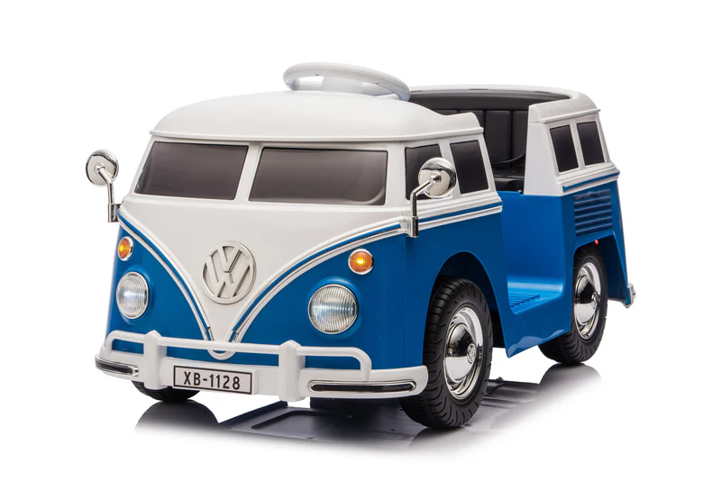 Masinuta electrica pentru copii, VW Samba Bus 70W, baterie 12V 7Ah, roti moi, scaun tapitat, culoare albastra