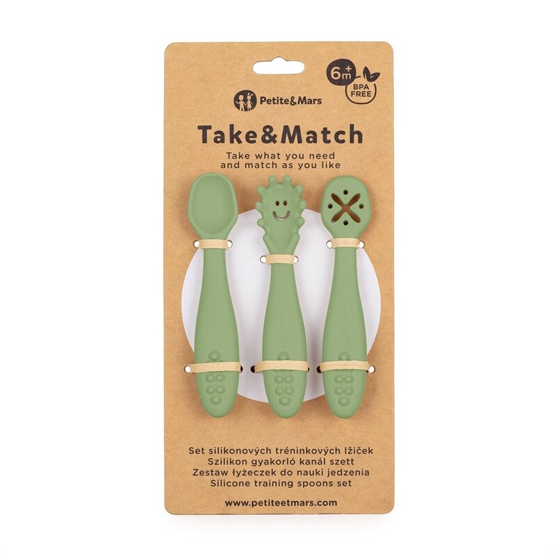 Set 3 lingurițe silicon Petite&mars sigure pentru bebe