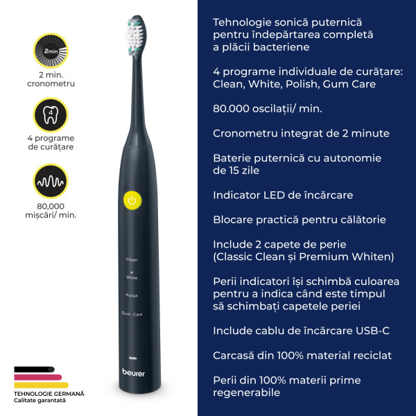 Periuță Sonică Beurer SC30 Jet Black | 80.000 mișc/min