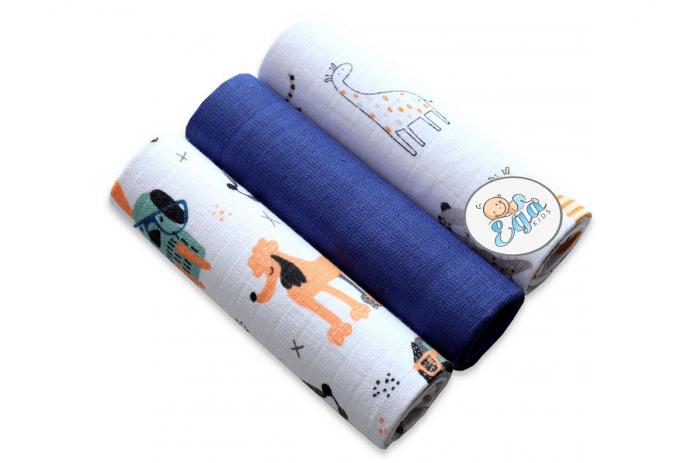Set 3 scutece muselina Egakids, 70x80 cm, Albastru - imagine 2