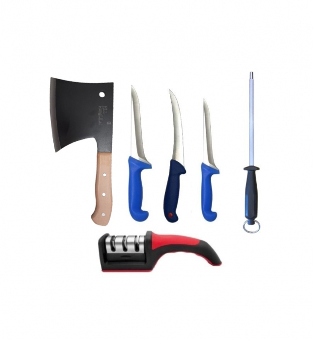 Set Macelărie 6 Piese: Cutite, Bardă și Ascutor