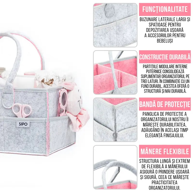 Organizator Scutece SIPO Pink, 8 Buzunare - imagine 2