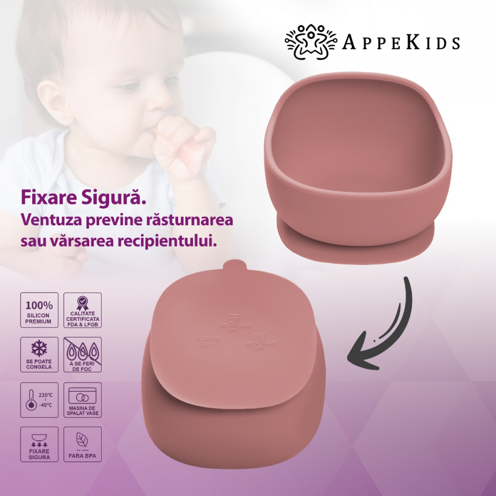 Bol AppeKids cu ventuza Old Rose - anti-murdărie - imagine 3