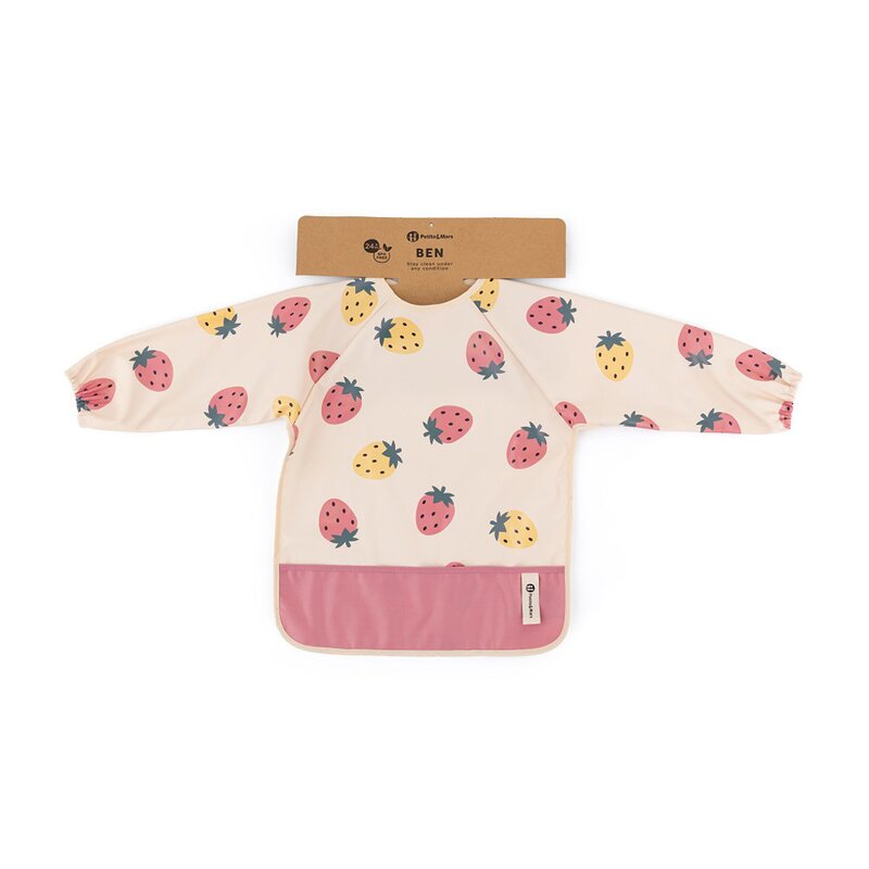 Baveta impermeabila PetiteMars cu maneci, Beige Strawberries