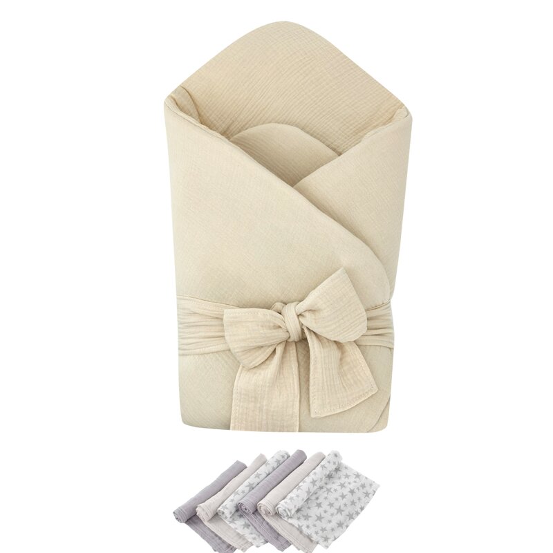 Paturică înfășat Qmini Beige + 6 scutece bambus