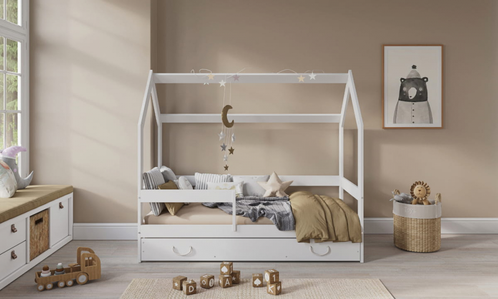 Pat Tineret Casuta Alba, Lemn cu Sertar 160x80 Nichiduta - imagine 3
