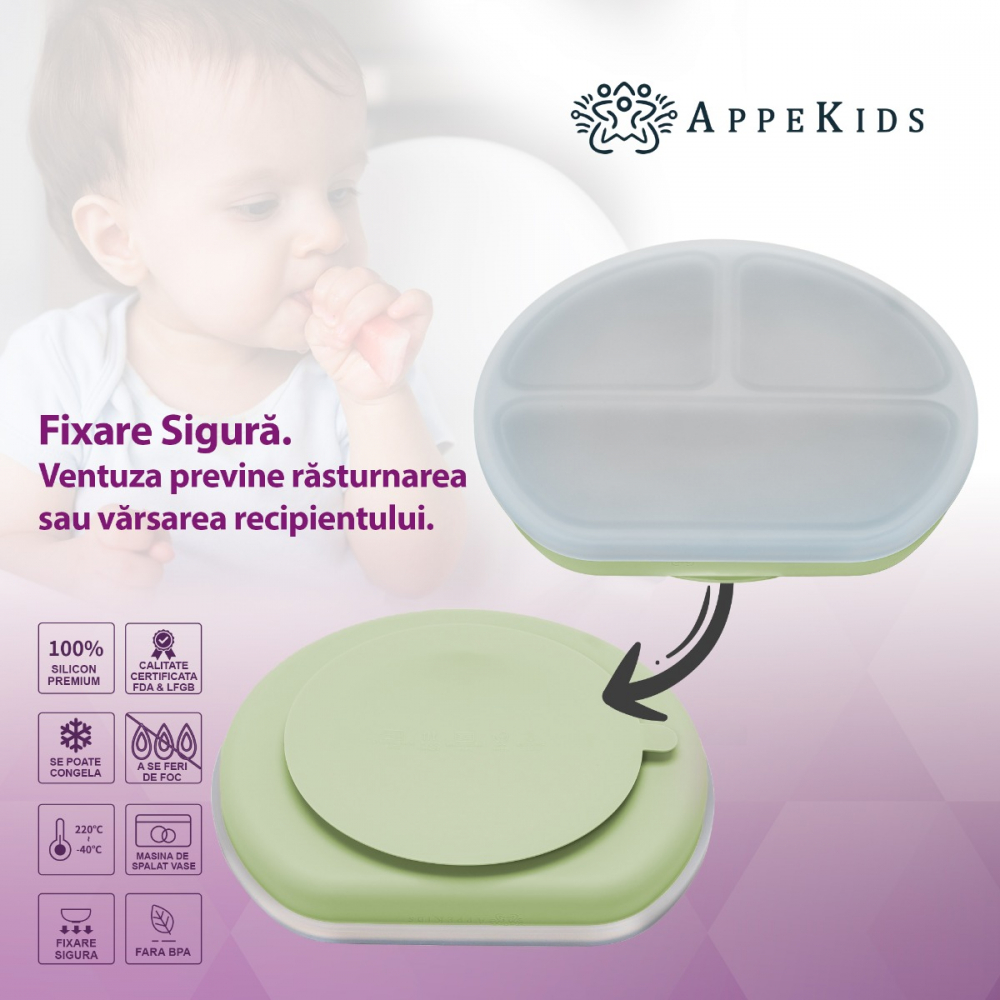 Farfurie Silicon AppeKids, cu Ventuză și Capac - imagine 2