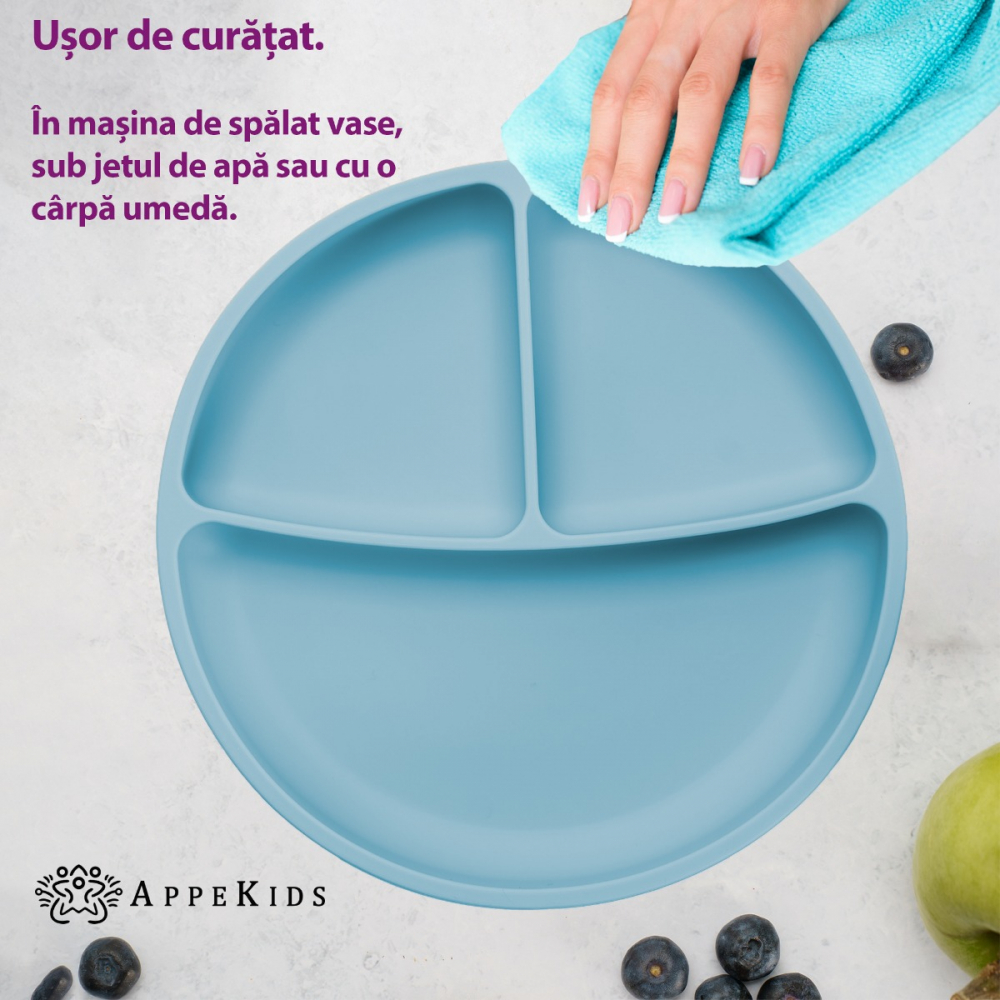 Farfurie Silicon cu Ventuza AppeKids Aqua Blue - imagine 4