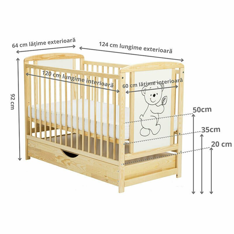Patut Timmi BabyNeeds 120x60 cu Sertar, Lemn Masiv - imagine 6