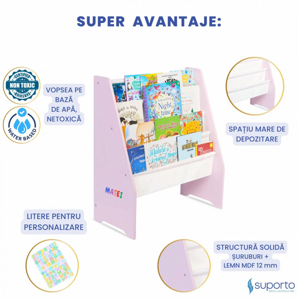 Raft Cărți Copii Suporto Roz - Depozitare Eficientă