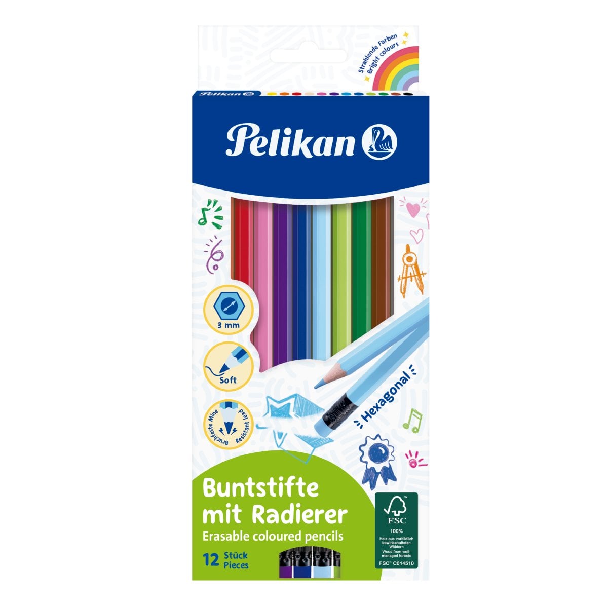 Set 12 Creioane Colorate Pelikan cu Radiera Hexagonala