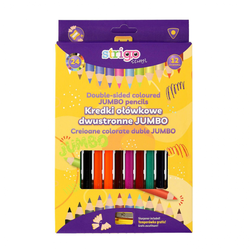 Creioane Duble Strigo Jumbo, 24 Culori + Ascutitoare