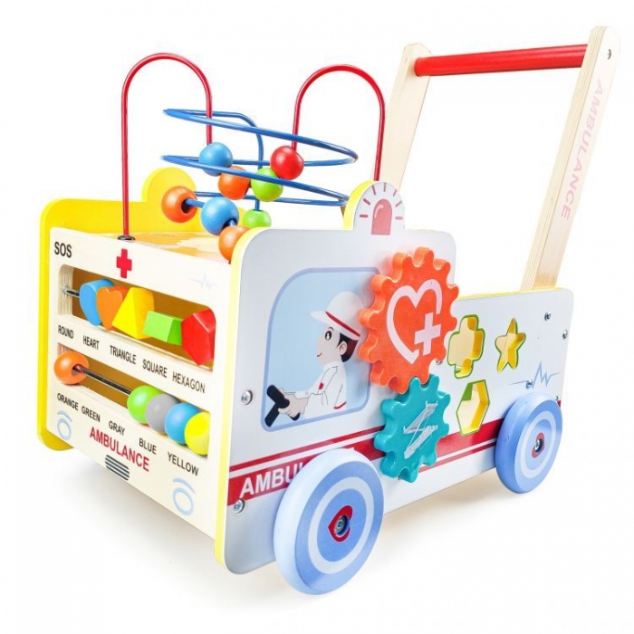 Antemergător 2 în 1 Ecotoys Ambulanță din Lemn - imagine 4