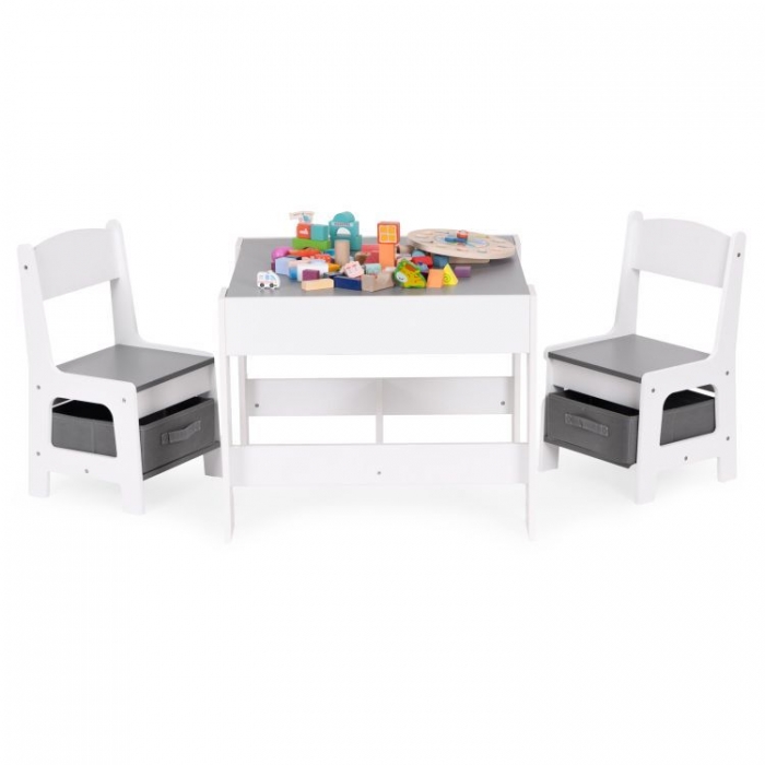 Ecotoys Masă cu 2 scaune copii alb-gri cu depozitare - imagine 6