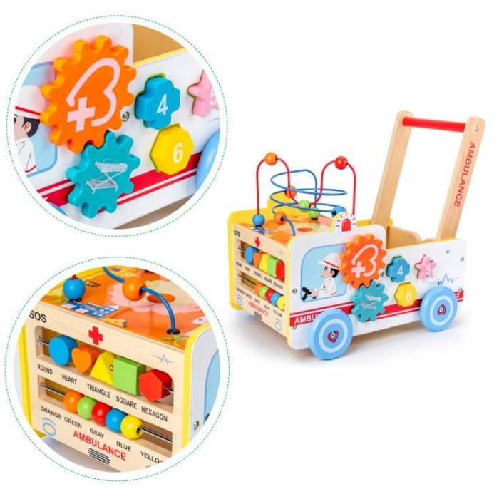 Antemergător 2 în 1 Ecotoys Ambulanță din Lemn - imagine 7