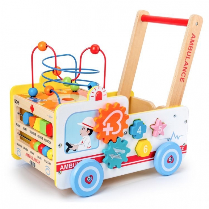 Antemergător 2 în 1 Ecotoys Ambulanță din Lemn - imagine 8