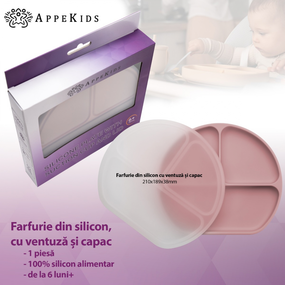Farfurie Silicon AppeKids Old Rose cu Ventuză