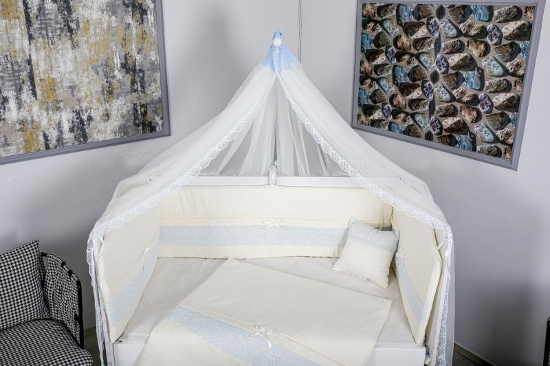 Lenjerie 11 piese Mykids, Baldachin Cream-Albastru