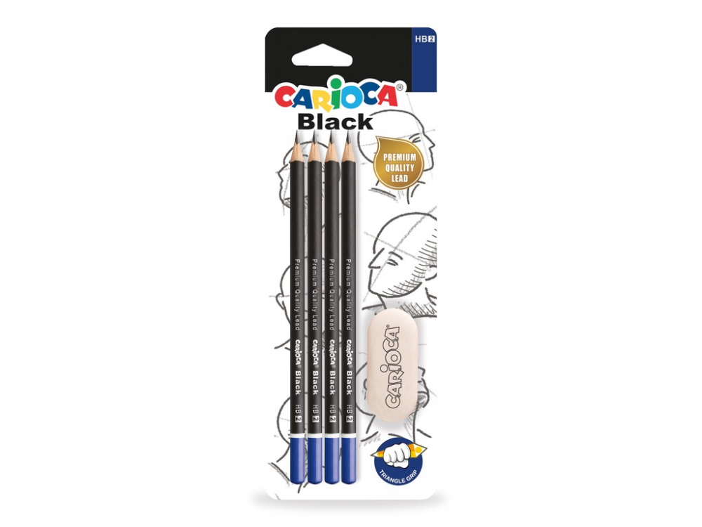 Set 4 Creioane Carioca Black HB + Radieră Ergonomică